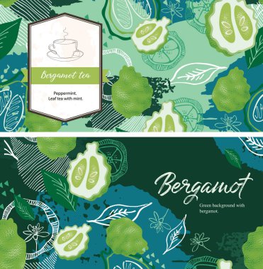 Bergamot meyveleri ve yaprakları olan yeşil bir arka plan. Bergamotlu çay..
