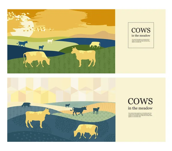 Horizontale Hintergründe. Kühe auf der Weide. Silhouetten von Kühen. Hintergrund. — Stockvektor