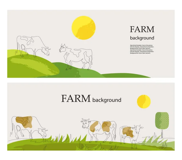 Fundos horizontais. Vacas no pasto. As vacas são desenhadas em uma linha. Conjunto de fundos. —  Vetores de Stock