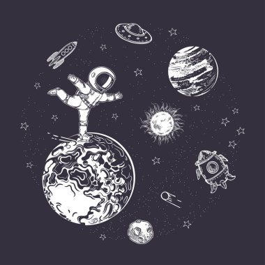 Roket, asteroitler ve ay. Dairesel kompozisyon. Alan arkaplanı