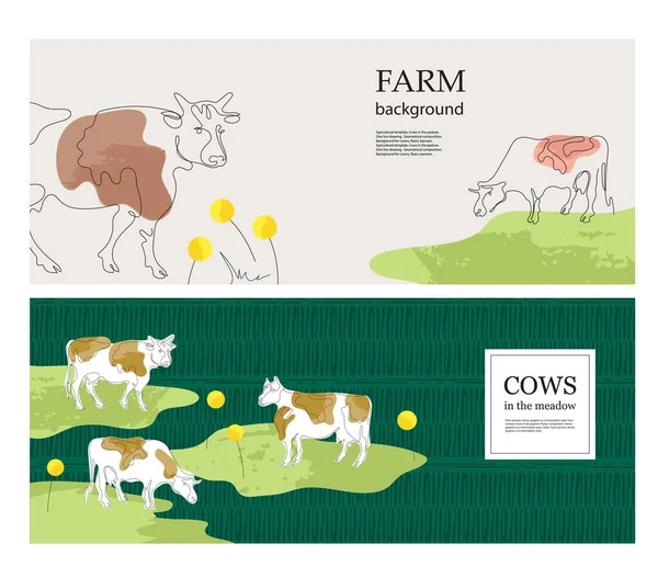 Fondos horizontales. Vacas en el pasto. Las vacas se dibujan en una línea. Conjunto de fondos. — Archivo Imágenes Vectoriales