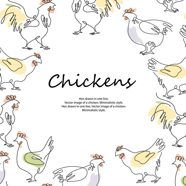 鶏や鶏の背景。一本の線で描かれた鶏と鶏. — ストックベクタ