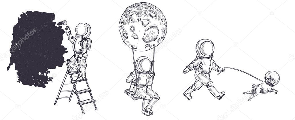 Set of images of astronauts. Sketching graphics. Hand-drawn graphics.