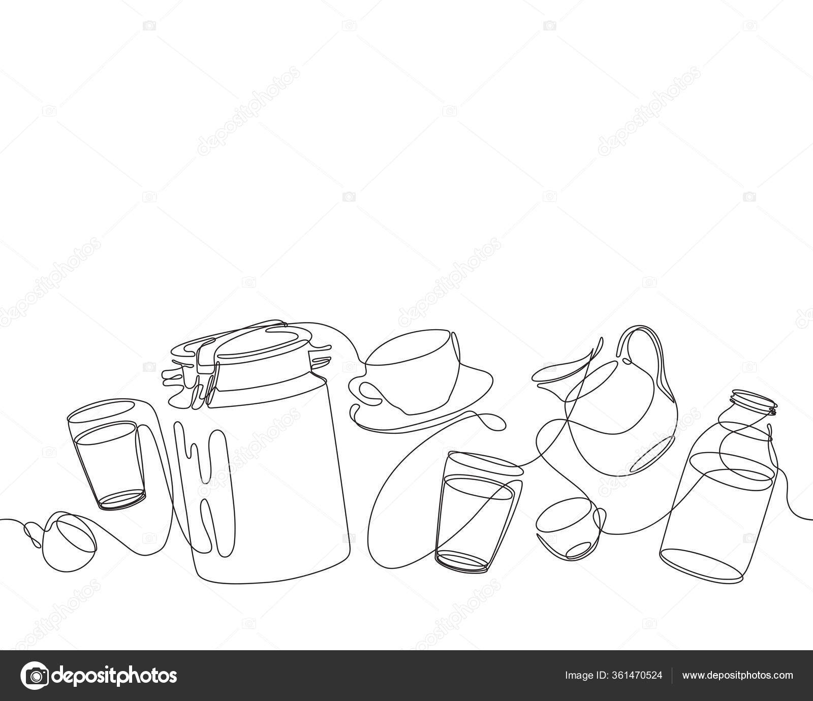Milk can, jug, glass and bottle. Kitchen pattern. Cooking. One line