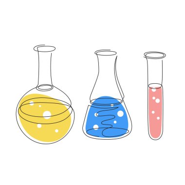 Çeşitli sıvılarla dolu tıbbi mataralar. Test tüpleri bir satırda çizilir.