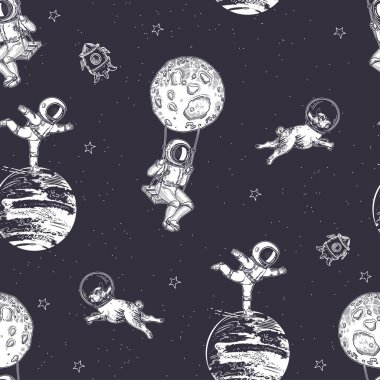 Astronot bir salıncakta oturuyor. Pug astronotu uzayda uçar. Astronomi temalı bir illüstrasyon. Kusursuz desen.