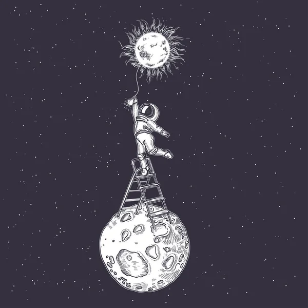 Un astronauta accende una lampadina in piedi su una scala a pioli. Illustrazione cosmica . — Vettoriale Stock