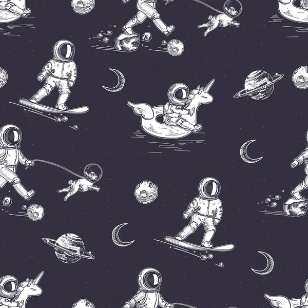 Modèle sans couture. Fond spatial. Un astronaute marche avec un chien dans l'espace . — Image vectorielle