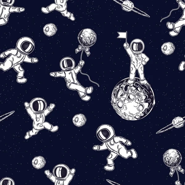 Patrón sin costuras. Fondo espacial. Astronautas juegan fútbol. — Archivo Imágenes Vectoriales