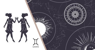 Zodiac geçmişi. Gemini Takımyıldızı. Yatay pankart. Vektör illüstrasyonu