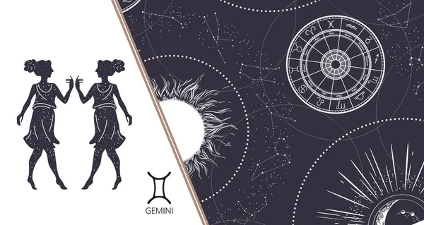 Zodiac geçmişi. Gemini Takımyıldızı. Yatay pankart. Vektör illüstrasyonu