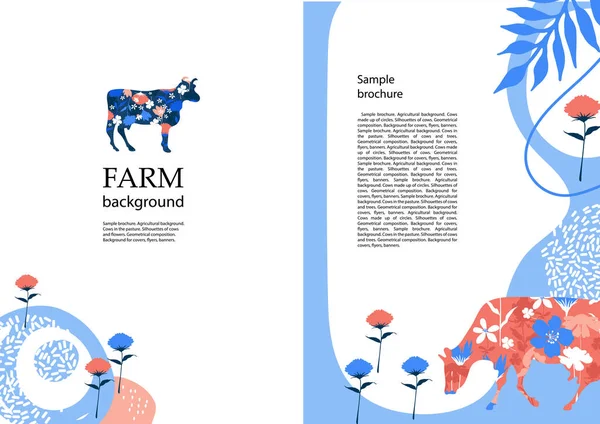 Folleto de muestra. Fondo agrícola. Siluetas de vacas y flores. — Archivo Imágenes Vectoriales