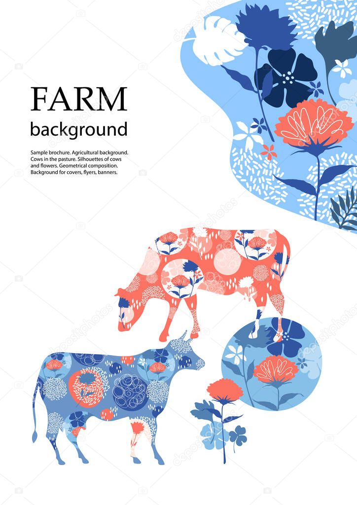 Sample brochure. Agricultural background. Silhouettes of cows and flowers.