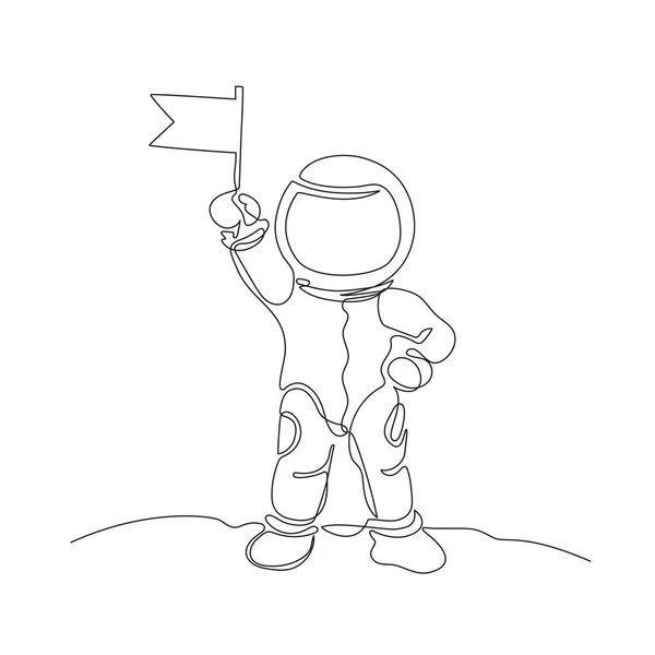 Astronauta con bandera en la mano. Astronomía. Dibujo de una línea . — Vector de stock