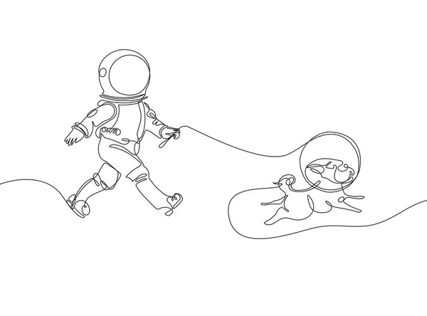 Astronauta pasea con un perro. Un perro en el espacio. Ilustración sobre el tema de astronomía . — Vector de stock