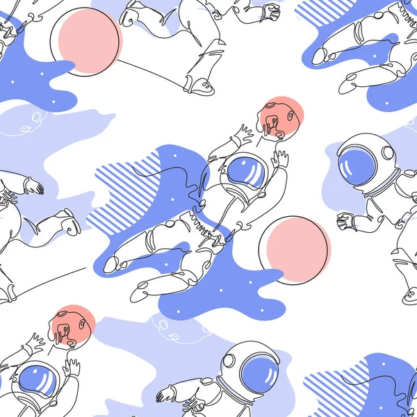 Seamless pattern. Astronauts play football. Space. Minimalistic graphics — Stock Vector