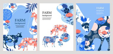 Tarım geçmişi. Otlaktaki inekler. İneklerin ve çiçeklerin siluetleri.