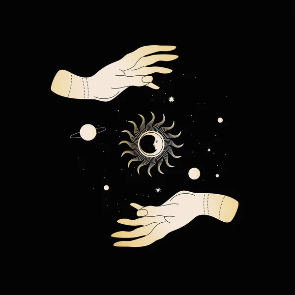 Manos mágicas. wo manos, planetas, sol y luna . — Vector de stock