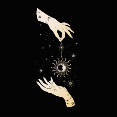 Sihirli eller. iki el, gezegenler, güneş ve ay.