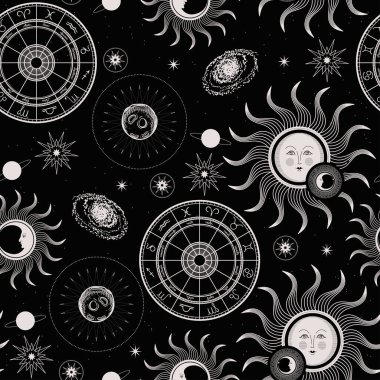 Kusursuz desen. Zodiac dairesi, ay yüzü, güneşin yüzü, gezegen ve galaksi.