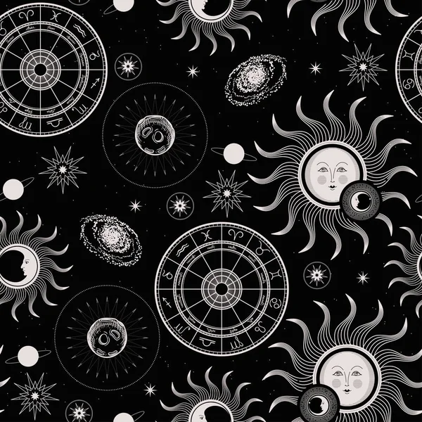 Sömlöst mönster. Zodiac cirkel, måne ansikte, ansikte solen, planet och galax. — Stock vektor