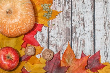 ahşap masa üzerinde sonbahar yaprakları ile çeşitli kabaklar