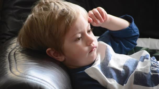 Niño de cuatro años mira la televisión — Vídeos de Stock