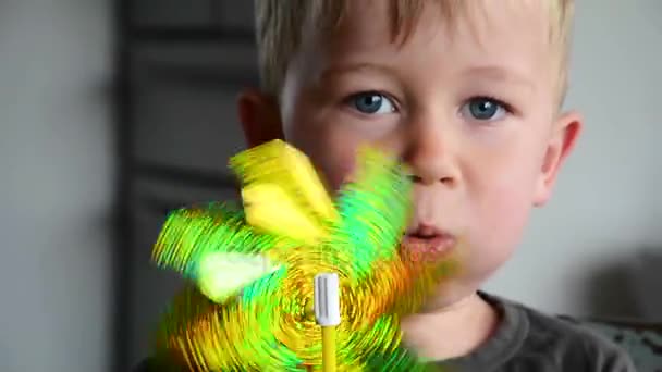 Boy blowing on a wind wheel — Stock Video