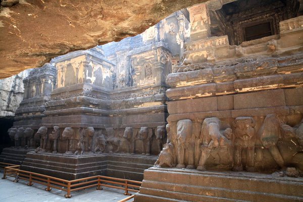 Ellora Caves were created during the reign of the Rashtrakut dynasty, India, Maharashta. 34 caves carved in a monolith of one of the Charanandri mountains. Since 1983, the cave complex of Ellora is a UNESCO World Heritage Site.