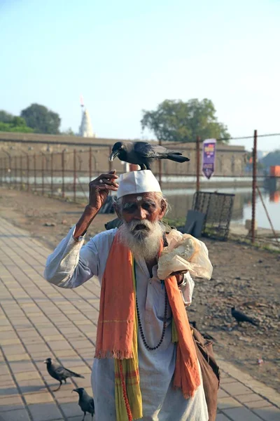 Homme Âgé Moine Nourrir Corbeau Sur Territoire Complexe Temple Hindou — Photo