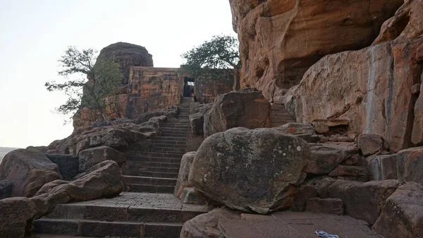 Badami Cave Temples Templi Rupestri Indù Giainisti Buddisti Vicino Alla — Foto Stock