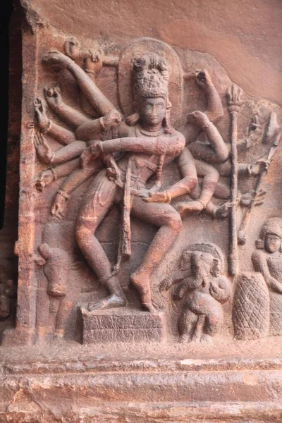 Sculture Pietra Nei Templi Rupestri Indù Giainisti Buddisti Badami Karnataka — Foto Stock