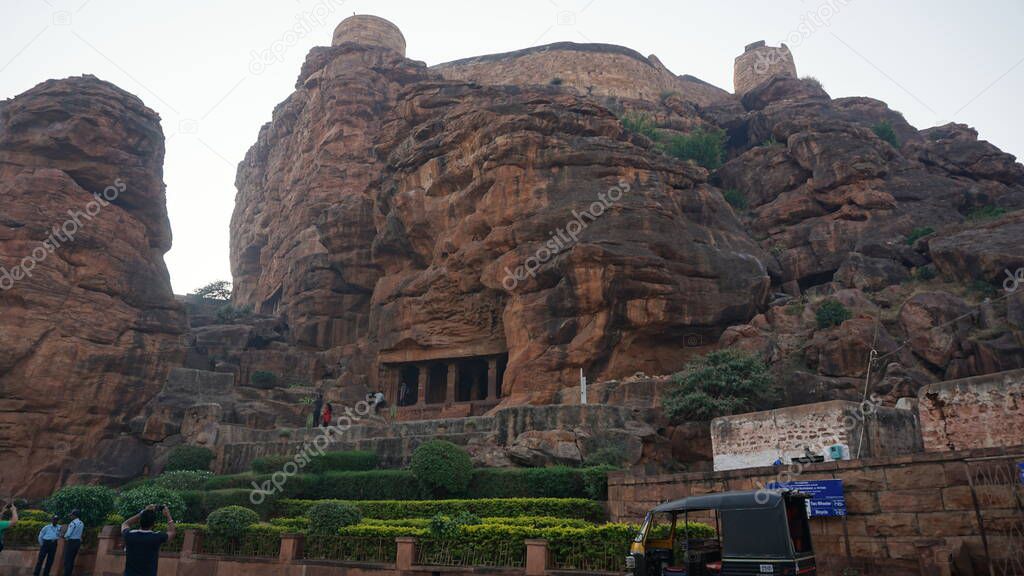 Badami Cave Temples - Hindu, Jain and Buddhist cave temples near the city of Badami, Karnataka, South India.Caves are considered an example of cave temple architecture from the early Chalukya dynasties (VI century AD).