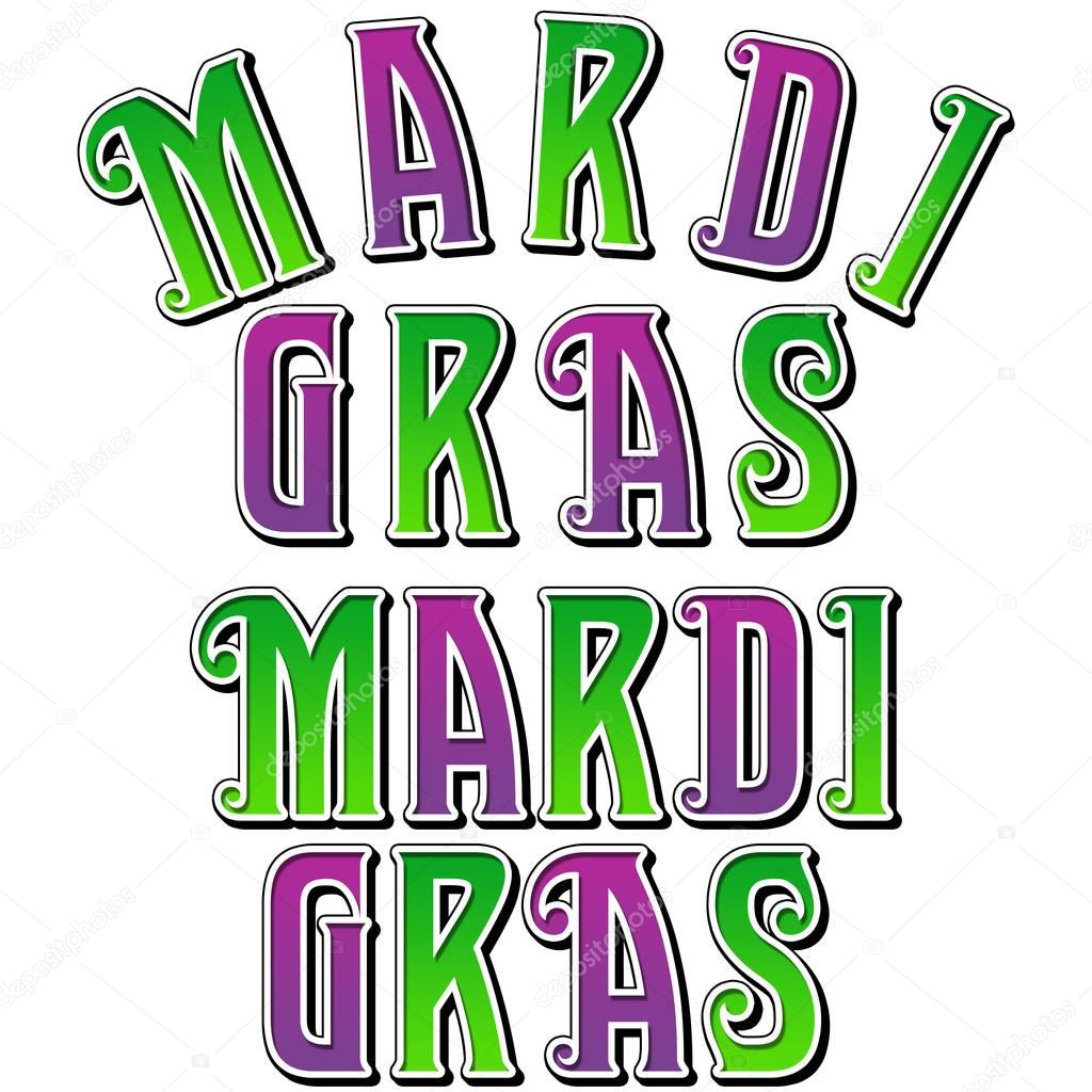Digital graphic design of Mardi Gras typography isolated on white