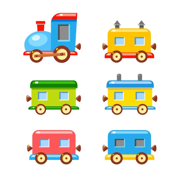 Набор Разноцветных Векторных Вагонов Поезда Яркая Карикатура Милый Детский Транспорт — стоковый вектор