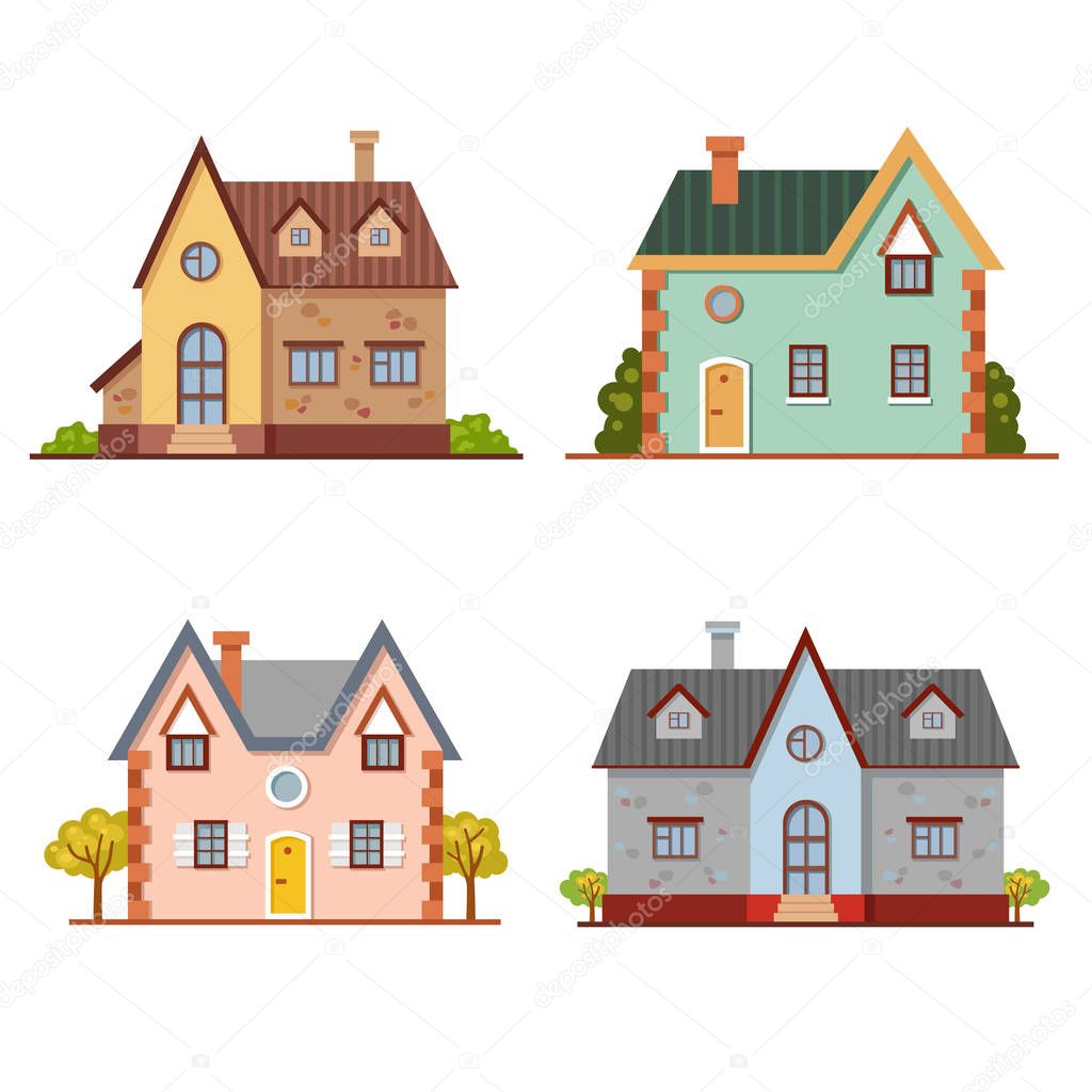 Set of cute vector cartoon brick houses. Bright building illustration. European street. Colorful town elements. Your sweet home. Traditional architecture