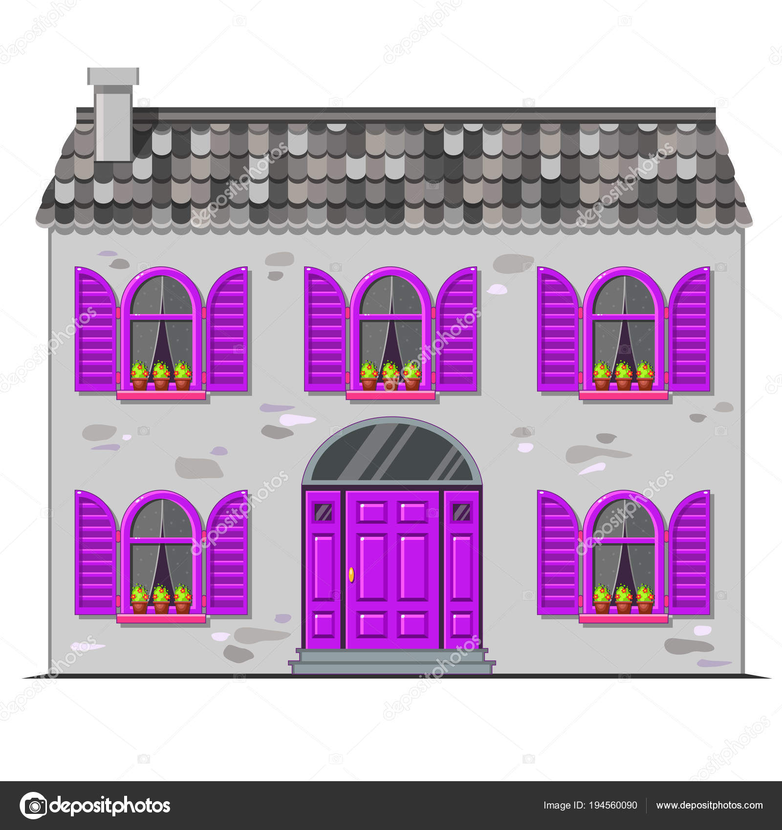 Cute Vector Gray Stone House Tile Roof Violet Wooden Window