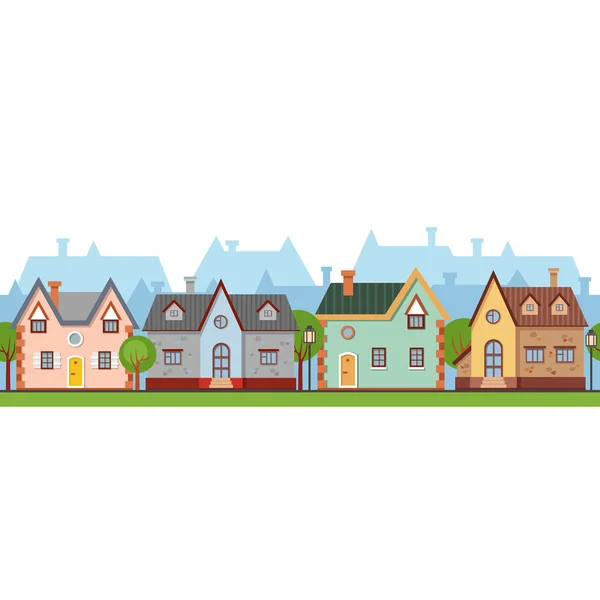 Calle Europea Vectorial Estilo Dibujos Animados Lindas Casas Luminosas Árboles — Vector de stock