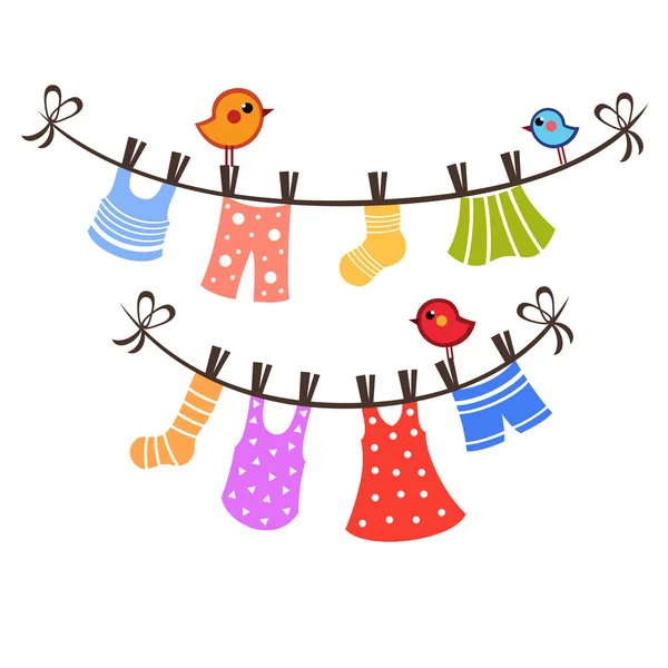 Çamaşır Ipinde Asılı Rengarenk Kurutucu Elbiseler Etrafında Renkli Küçük Kuşlar — Stok Vektör