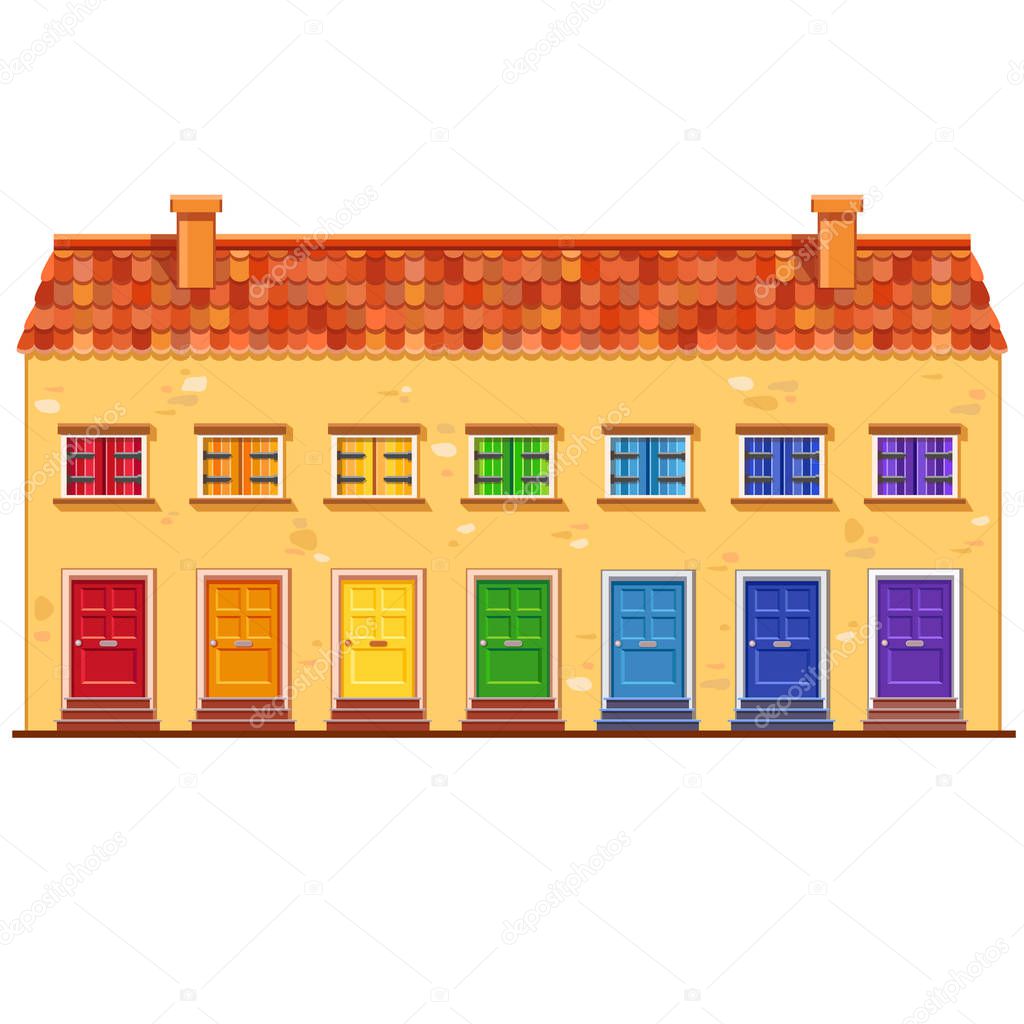 Cute vector yellow house with red tile roof, seven wooden windows with shutters and doors in the colors of rainbow. Traditional european street. Cartoon building. Town element