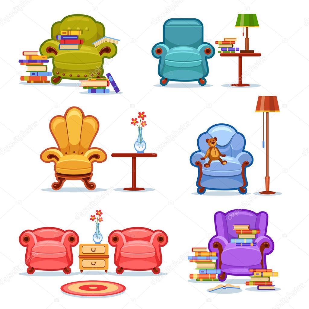 Set of vector multicolored armchairs with piles of books, tables, vases with flowers, a lamp, a rug and a teddy-bear. Cute interior. Cosy cartoon furniture. Love reading. Bright seats for having res