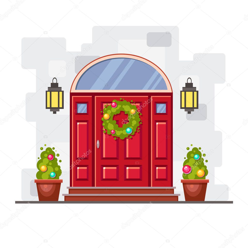 Big red front door on the gray brick wall with two green plants, a holiday wreath with christmas balls and lights. Cute bright vector x-mas illustration. Cartoon house element. Cozy winter picture.  