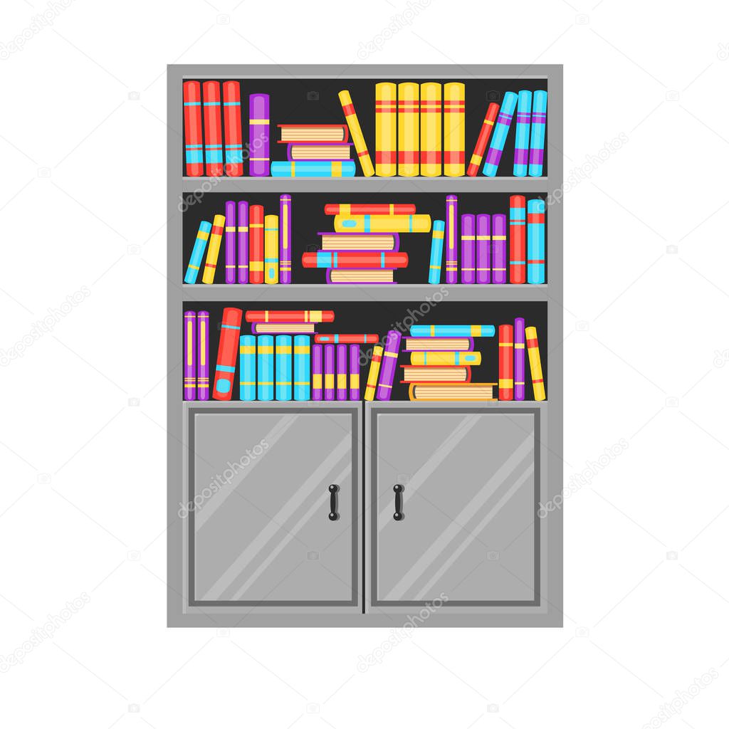 A gray wooden vector bookcase with many books on its shelves. Home library. Love reading. Cute interior illustration. Cartoon furniture