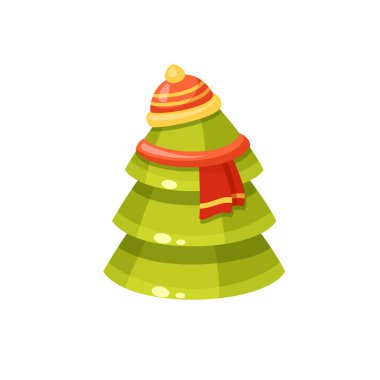 Kırmızı şapkalı ve eşarplı vektör yeni yıl ağacı. Çizgi film kış çizimi. Sıcak Noel ağacı.
