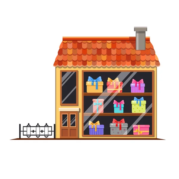 Linda Tienda Dibujos Animados Vector Regalos Una Casa Con Techo — Vector de stock