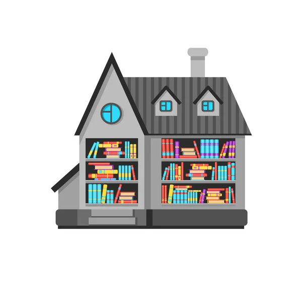 Cute Vector Cartoon Bookshop Gray House Bright Building Illustration European — Stock Vector