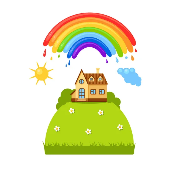 Linda Casa Vectorial Fondo Prado Verde Con Arco Iris Sol — Vector de stock