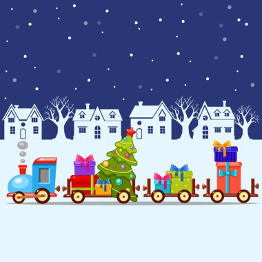 Yeni yıl ağacı, ev ve ağaç siluetleri olan parlak vektör çizim trenli vektör xmas kartı. İçinde renkli hediyeler olan oyuncak arabalar Noel için. Tatlı kış illüstrasyonu.