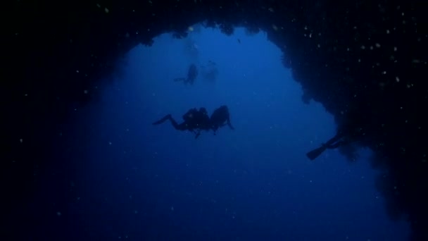 Mergulhadores dentro de uma enorme caverna debaixo de água, arco, Palau — Vídeo de Stock