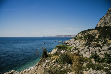 Parlak mavi deniz ve kayalar ve güneşli bir ormanda Kırım